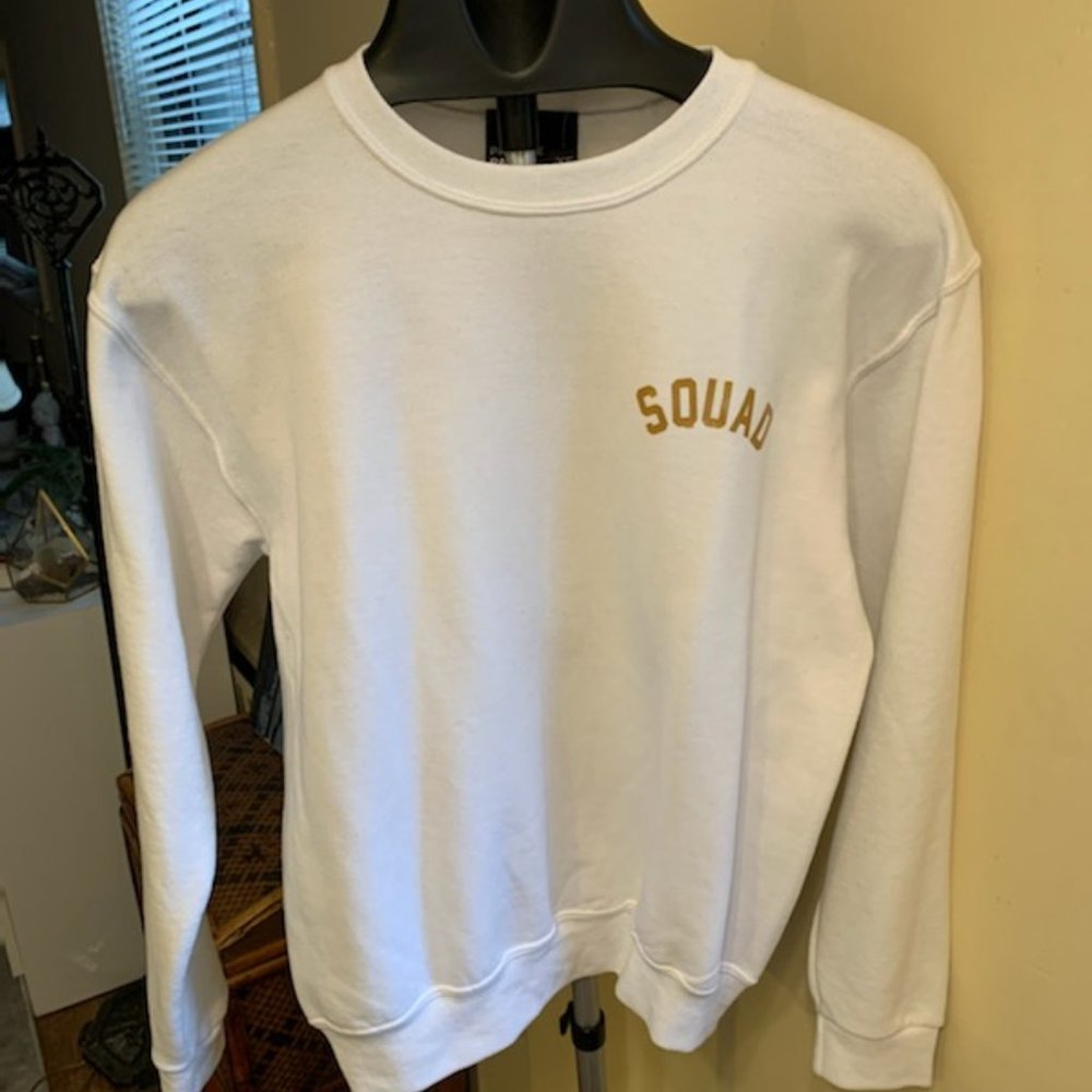 White Sweatshirt with gold SQUAD lettering